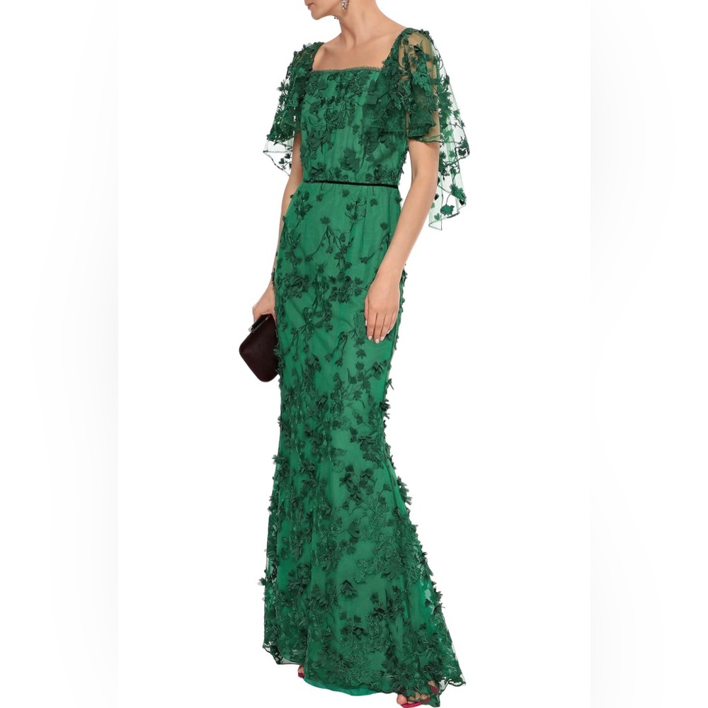 Marchesa Notte women’s green off-the-shoulder embellished tulle gown, emerald